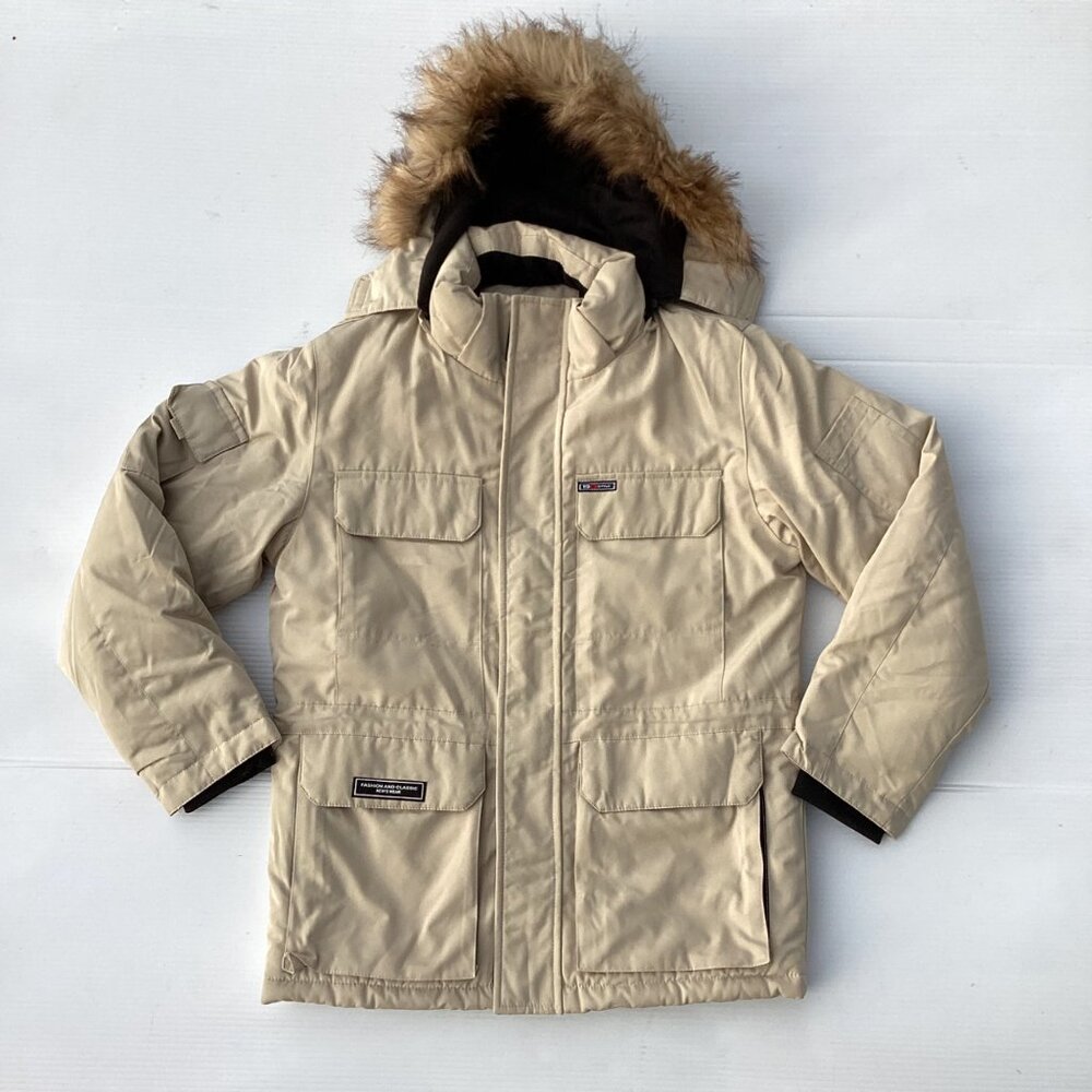 Mens Beige Hooded Winter Jacket With‎ Fur Trim